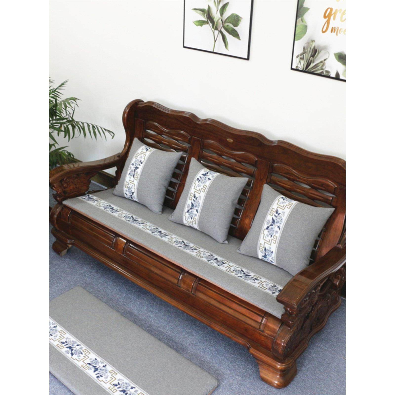 亚麻红色实木沙发坐垫老式木家具单人三人一体防滑坐垫通用定制所