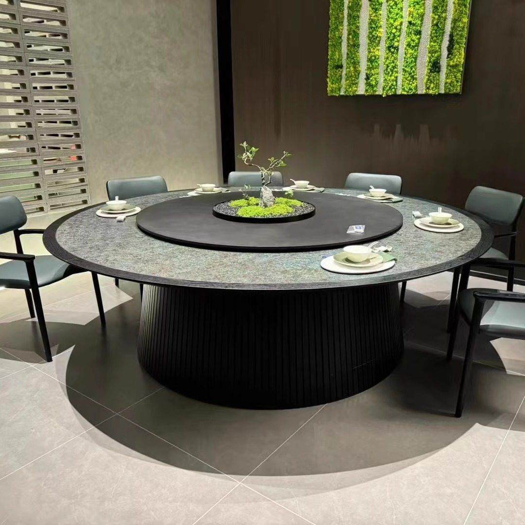 酒店餐桌电动大圆桌岩板转盘餐台餐厅会所别墅家具定制轻奢新中式