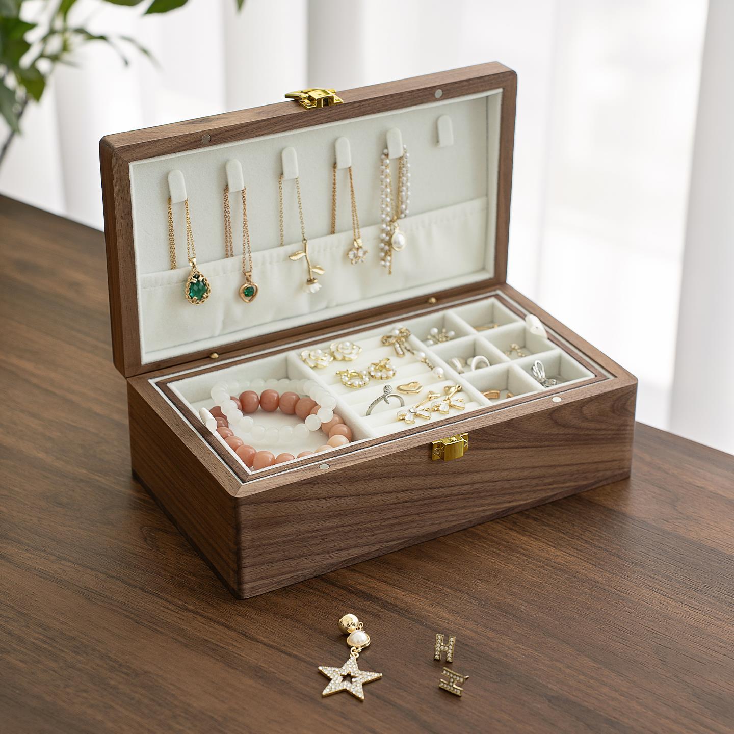 黑胡桃实木首饰盒轻奢新婚礼物首饰收纳盒子手串饰品项炼耳环钉盒