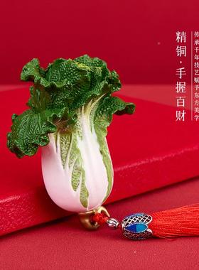 善吉来手握百财纯铜白菜摆生件手把件家居办黄公室UVY桌面饰装日