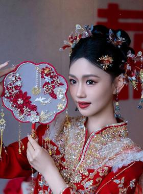 扇新娘结婚秀禾红色diy工UDQ材料包扇婚礼团手婚扇高子级喜扇成品