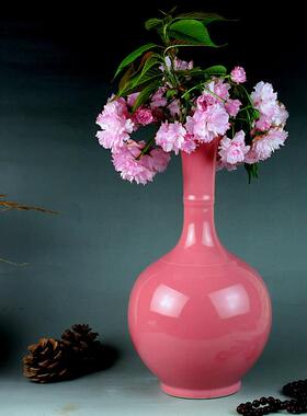 景德镇颜釉陶瓷器粉红色赏瓶高颈瓶新中式摆件客厅面桌QEO色插花