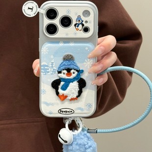 CAT壳壳ins韩系皮纹植绒小企鹅飘雪花适用17pro苹果17ProMax手机壳iPhone16全包14 16Promax保护套 15pro新款