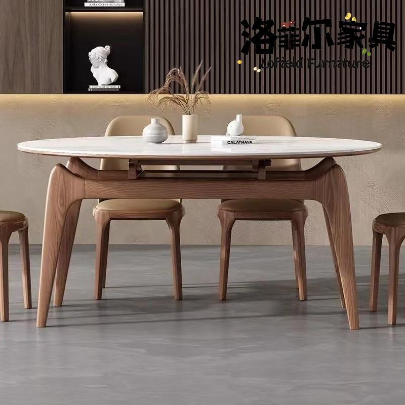 北欧简约岩板伸缩折叠实木餐桌椅组合家用原木风方变圆网红桌子