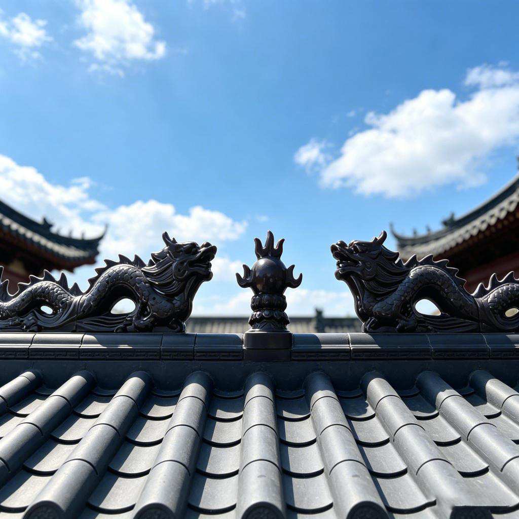 合成树脂瓦双龙戏珠屋顶别墅装饰品仿古瓦二龙戏珠图片
