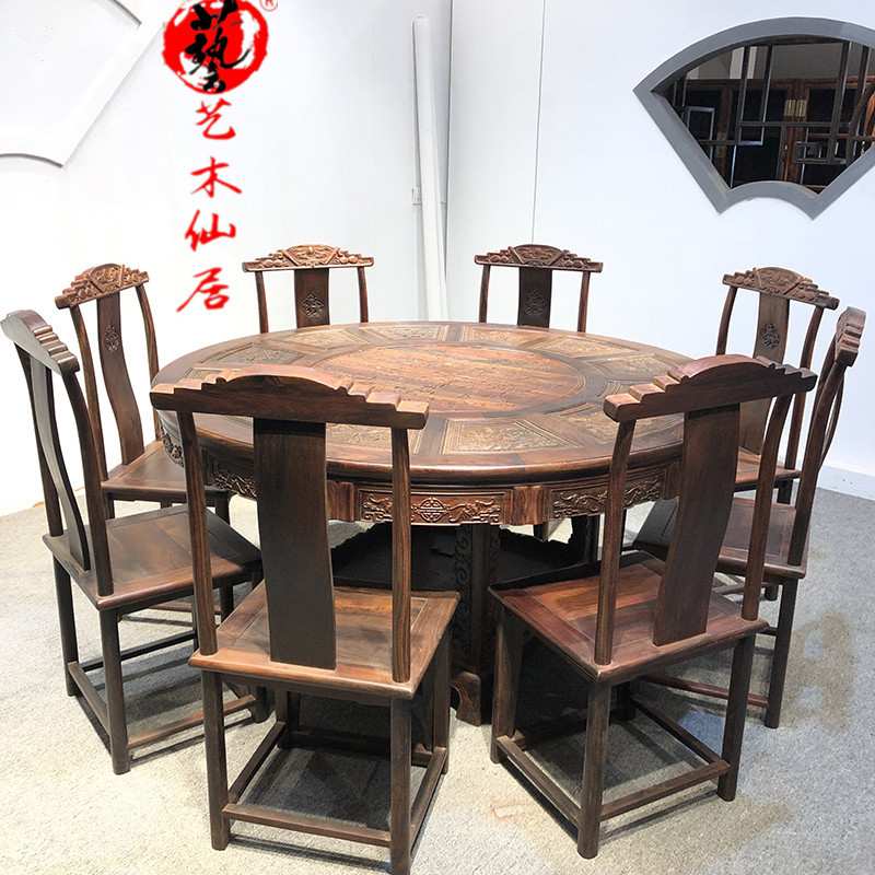 大红酸枝明式圆形餐桌/酸枝餐桌9件套明清古典直销