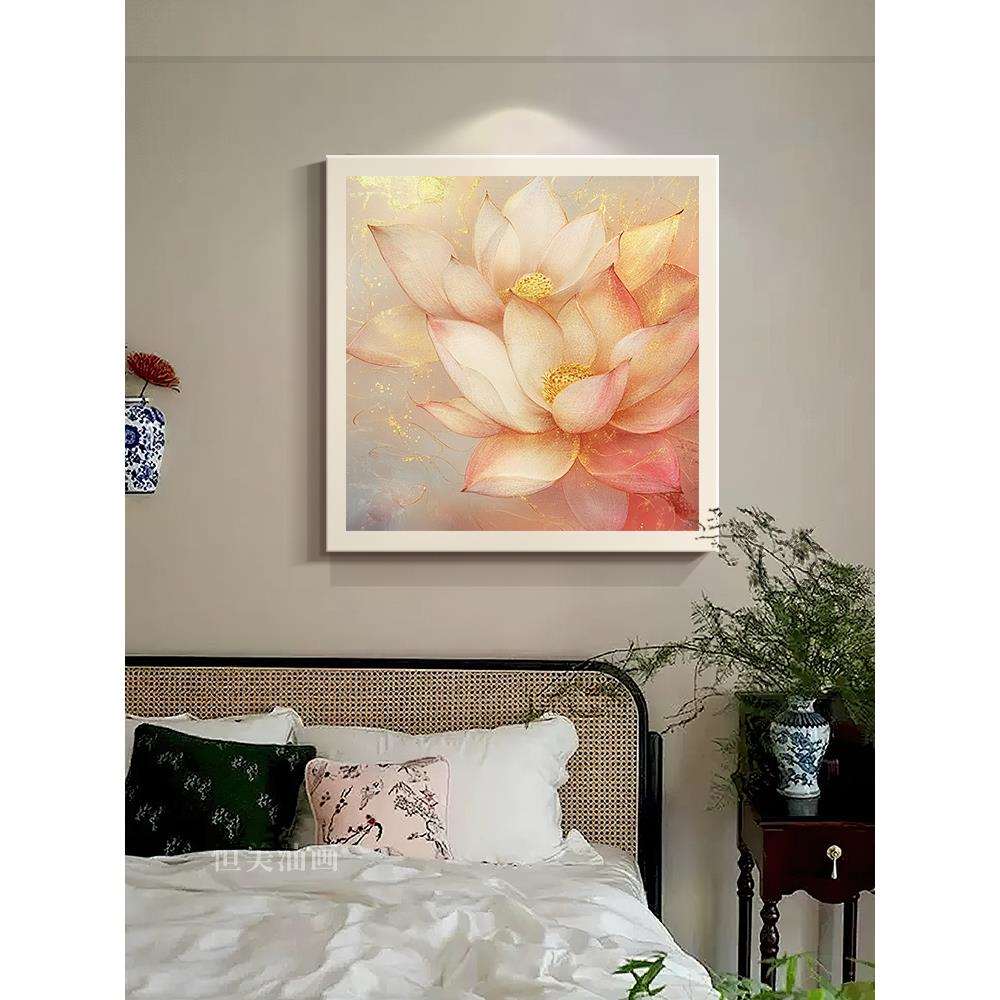 绮梦金荷丨手绘油画荷花新中式复古风客厅装饰画玄关餐厅挂画方形