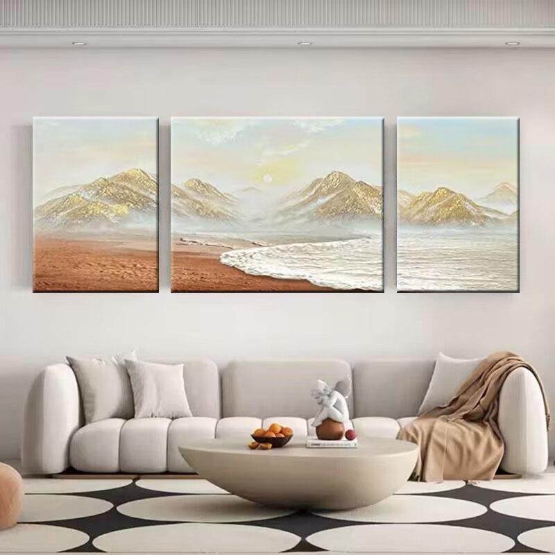手绘油画山水风景客厅装饰画立体砂岩肌理三联挂画日照金山高档画