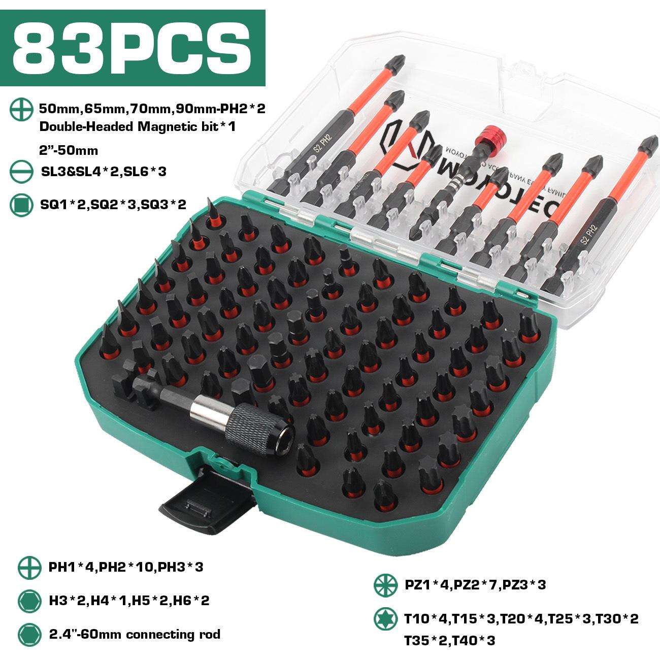 83件全系工业级螺丝批头套装S2钢/抗冲击/HRC 61 PH/PZ/T/SQ/SL/H