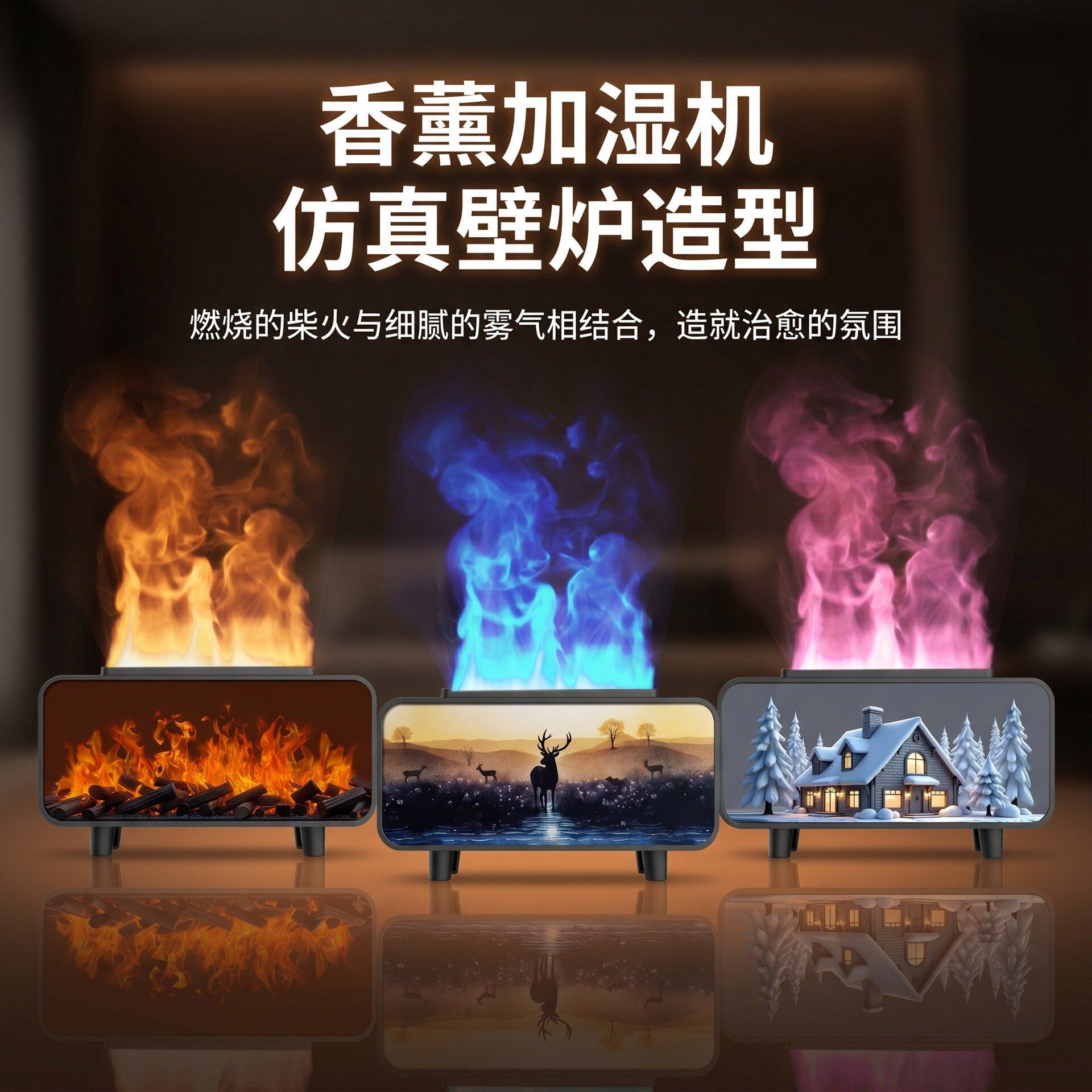 火焰壁炉加湿器 家用卧室氛围灯香薰机 桌面智能静音精油扩香机