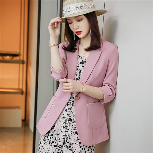 绿色西装外套女小众设计感夏季薄款休闲小个子七分袖西服大码宽松