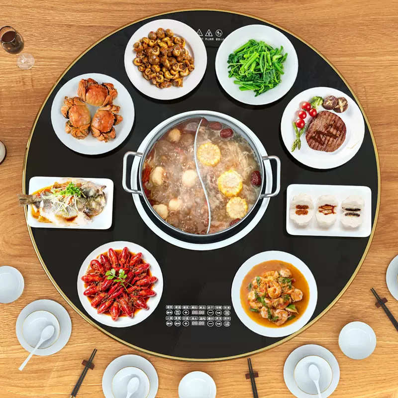 多功能暖菜板自动转盘家用热菜板C钢化玻璃旋转加热板带火锅餐桌x