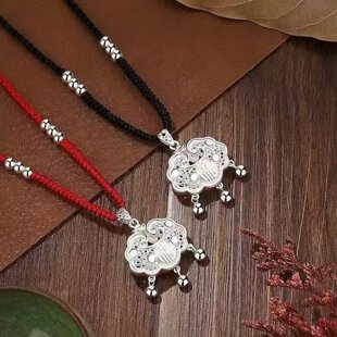纯银平安锁项链女成人款足银长命福锁坠红黑编绳毛衣链送女友礼物