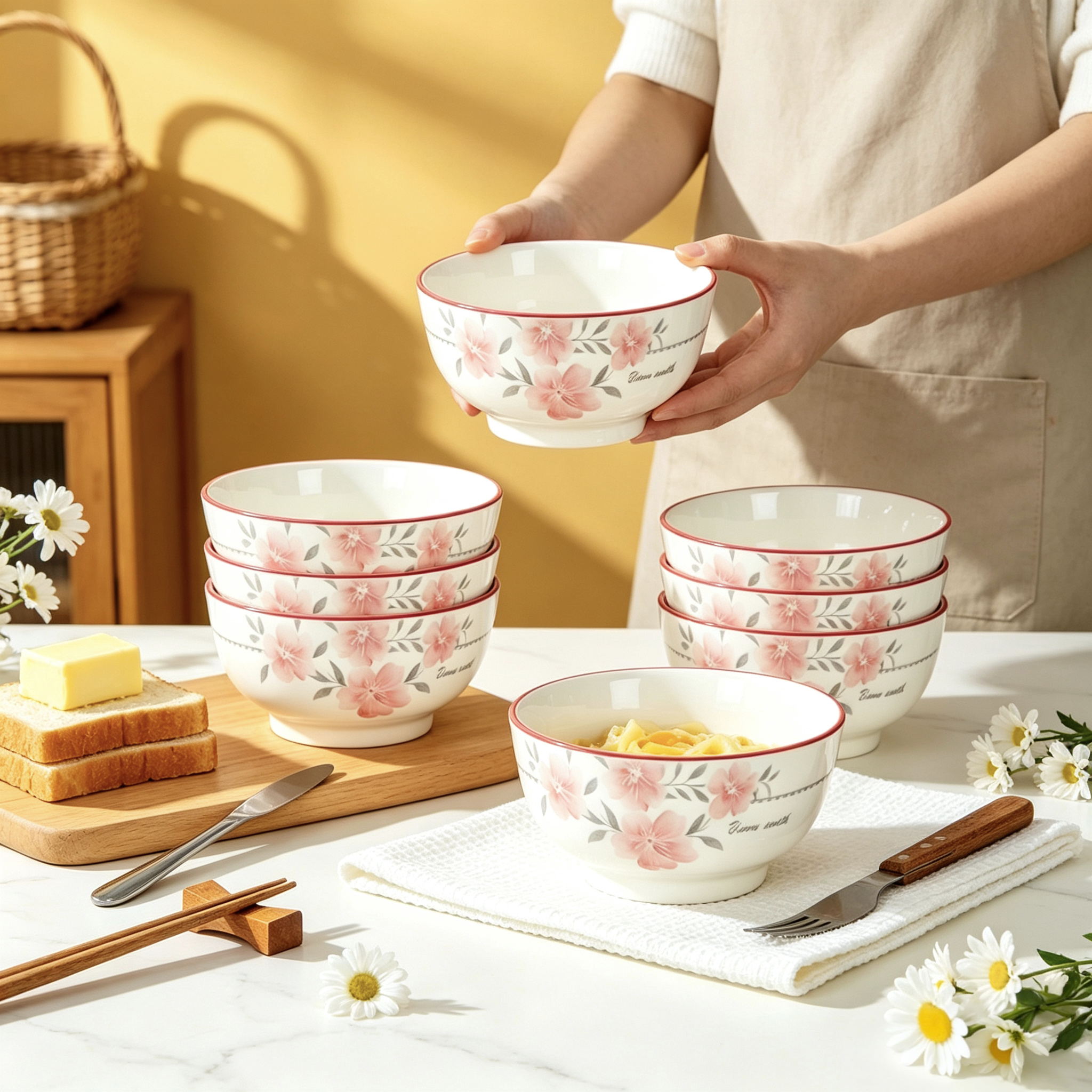 奶油系花朵陶瓷碗碟10只