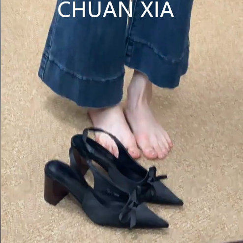 羊皮版！性感蝴蝶结包头凉鞋女尖头粗跟高跟鞋法式仙女风真皮单鞋