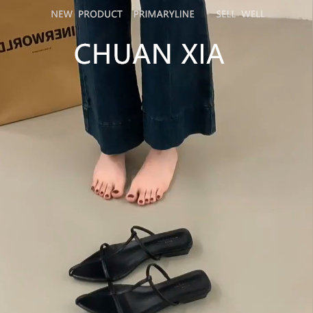 羊皮版~黑色尖头平底凉鞋女一脚蹬细带穆勒鞋复古百搭软底凉拖鞋