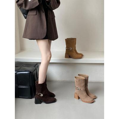 小众覆古磨砂绒面粗跟马丁靴女2025秋高跟骑士靴子皮带扣西部短靴