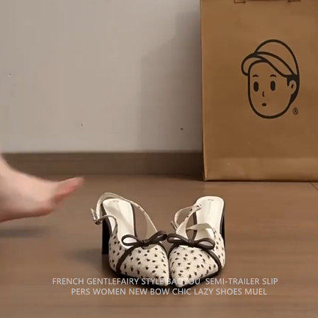 羊皮版！温柔碎花纹包头凉鞋女真皮粗跟高跟鞋绝美蝴蝶结尖头单鞋