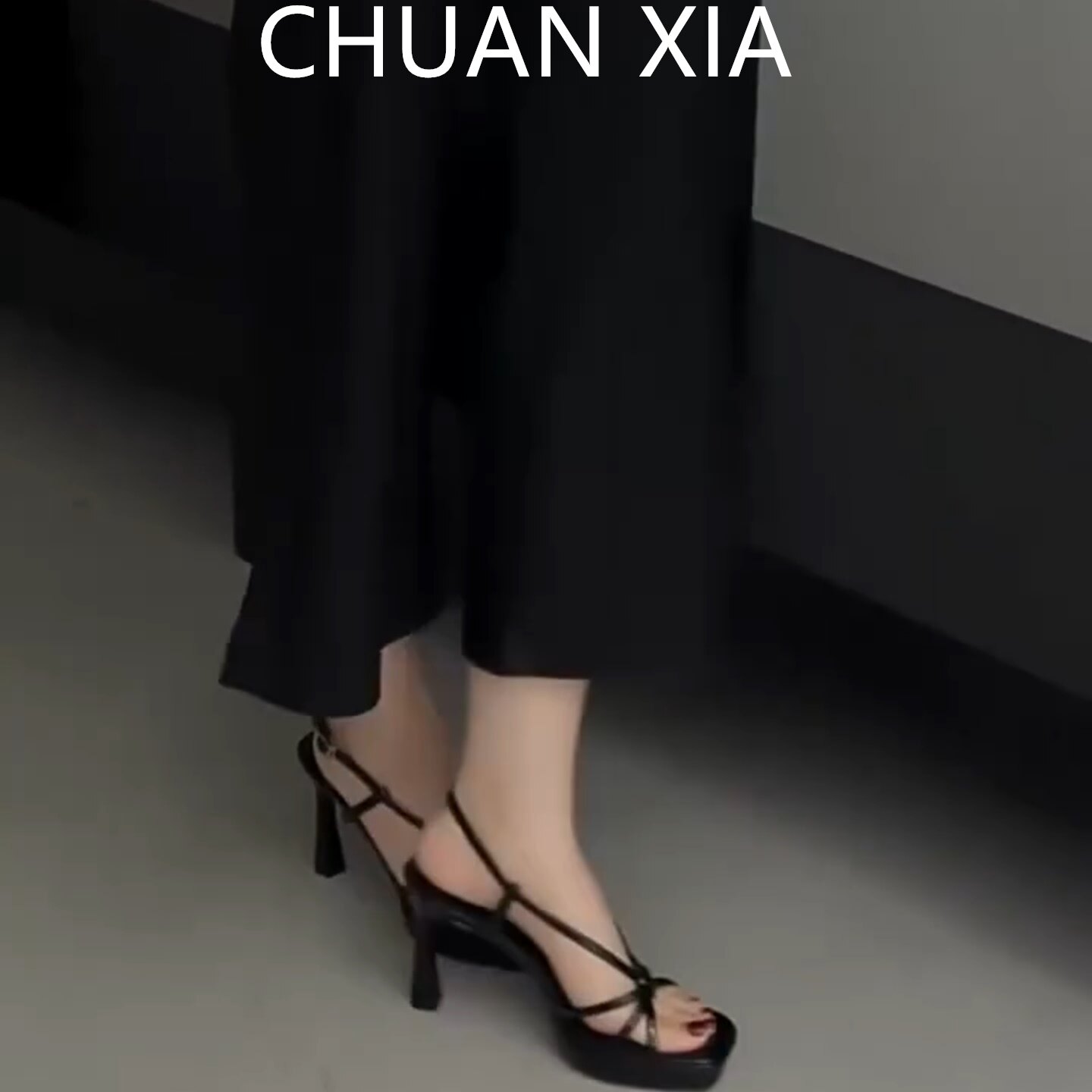 羊皮版-小众高级感露趾凉鞋女御姐风黑色一字扣带细跟高跟凉拖鞋