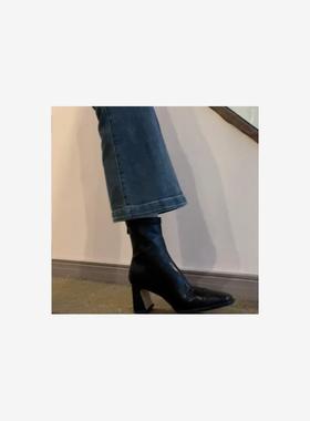 rubywu法式黑色瘦瘦靴方头粗跟高跟弹力靴显瘦气质短靴女春秋单靴