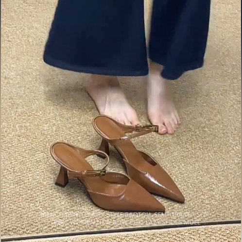 羊皮版！复古真皮尖头单鞋女简约风细跟包头凉鞋一脚蹬真皮高跟鞋