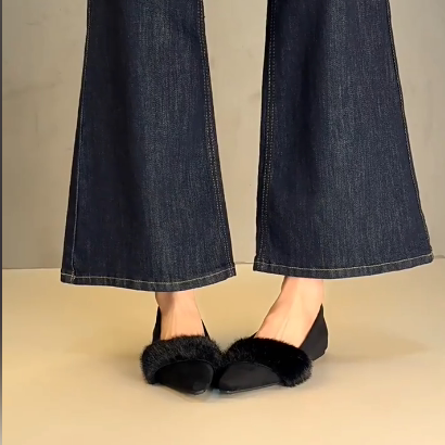 羊皮版！法式黑色内增高毛毛单鞋女尖头平底玛丽珍鞋通勤软底瓢鞋