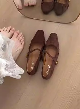 羊皮版~韩版褶皱方头单鞋女内增高绒面玛丽珍鞋真皮配裙子奶奶鞋