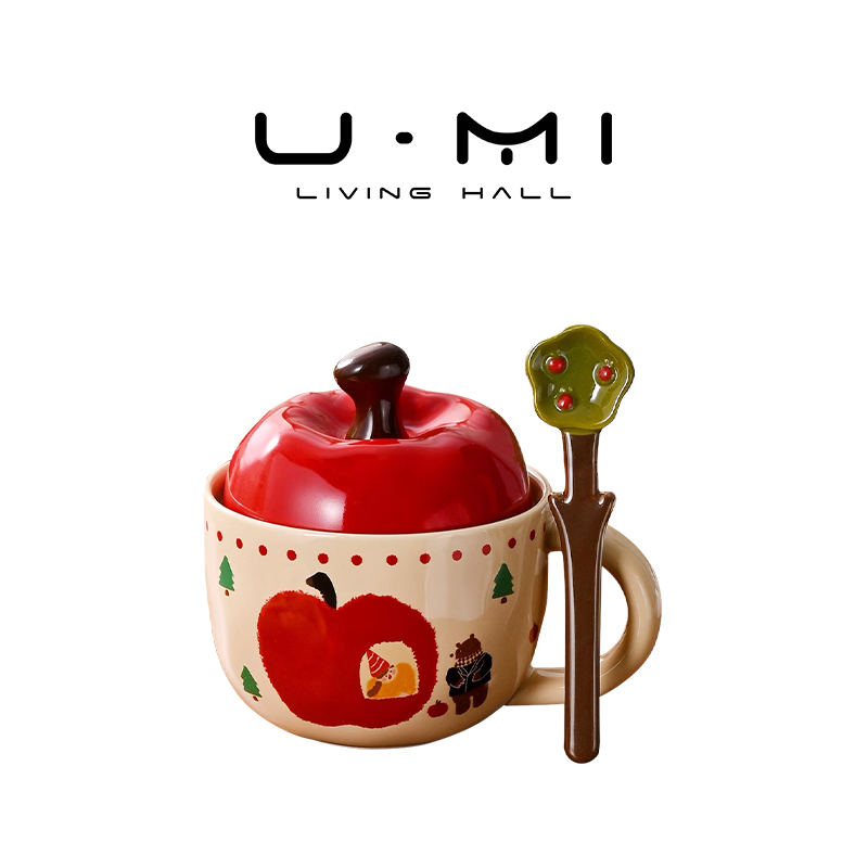 U Mi LIVING · 心存 | 陶瓷杯萌趣苹果咖啡杯杯具马克杯带盖水杯