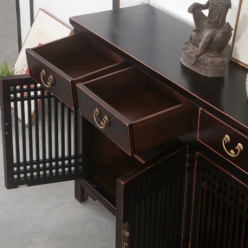 新中式实木餐边柜家用储物柜收纳榆木置物架柜子矮柜客厅靠墙定制