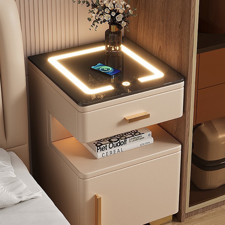 智能床头柜保险箱一体轻奢高级感现代简约小型卧室极窄床头置物架