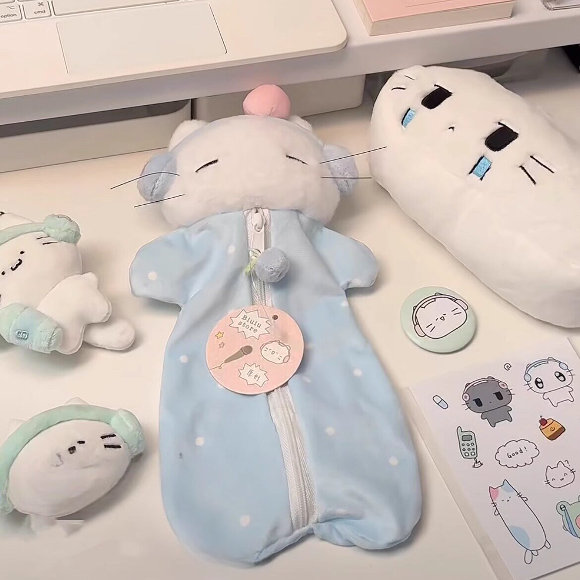 奶蓝色樱桃耳机猫笔袋少