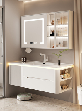 侧边收纳橡木烤漆浴室柜陶瓷一体盆套装洗脸盆柜组合洗手池洗漱台