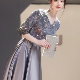 大码合唱团演出服女长裙钢琴演奏指挥主持人服装灰色亮片晚礼服