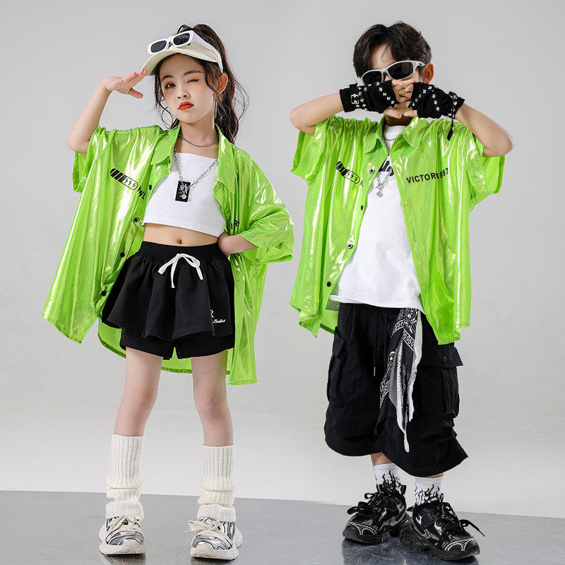 男童街舞潮服儿童嘻哈绿色衬衫爵士舞套装女童韩版hiphop演出服装