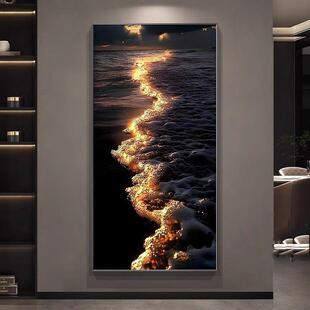 轻奢高级感入户玄关装饰画简约现代走廊过道尽头带灯挂画海浪壁画