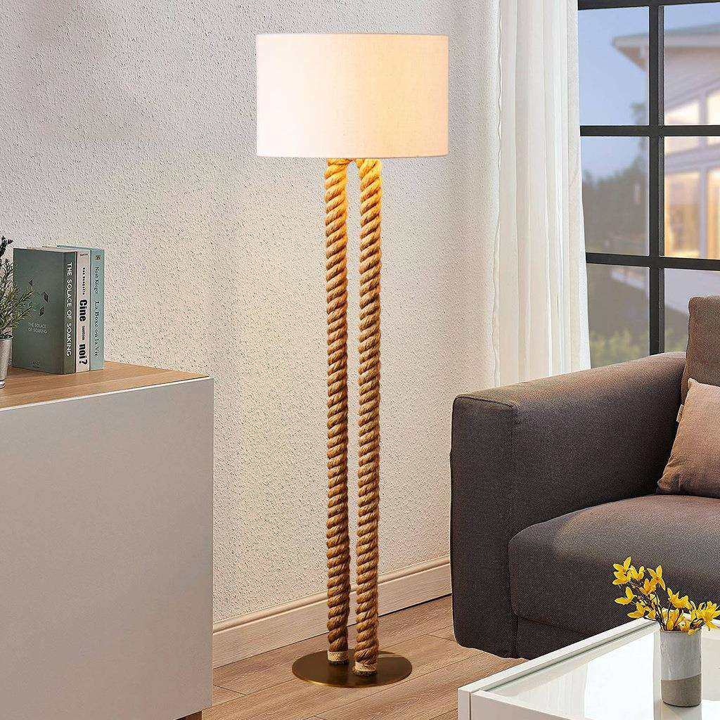 复古麻绳落地灯棕色立式绳索灯搭配亚麻布灯罩客厅卧室家居装饰灯