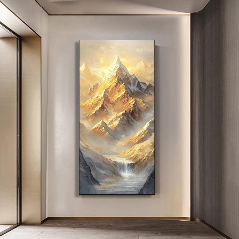 现代轻奢玄关画大芬村油画日照金山入户门走廊过道肌理山水画挂画