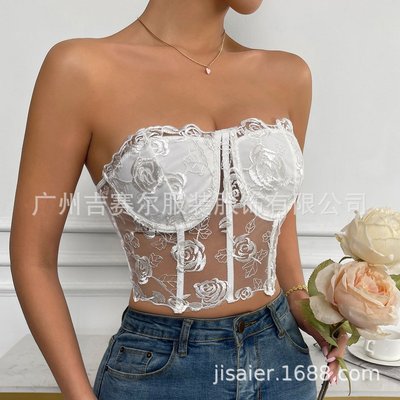 2023爆款外贸欧美INS风热销蕾丝网纱玫瑰抹胸龙骨小背心现货9434