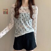 网纱打底衫 防晒上衣 百搭透明蕾丝洋气内搭夏季 女长袖 2022春秋薄款