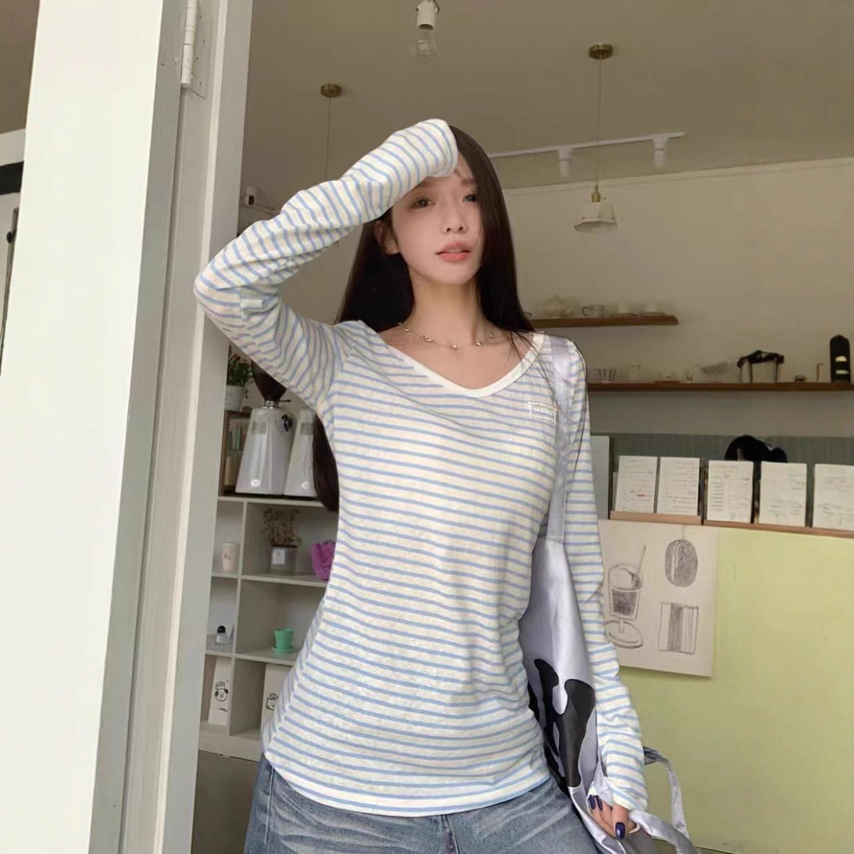 野媛 复古条纹v领防晒罩衫女夏时尚防晒服