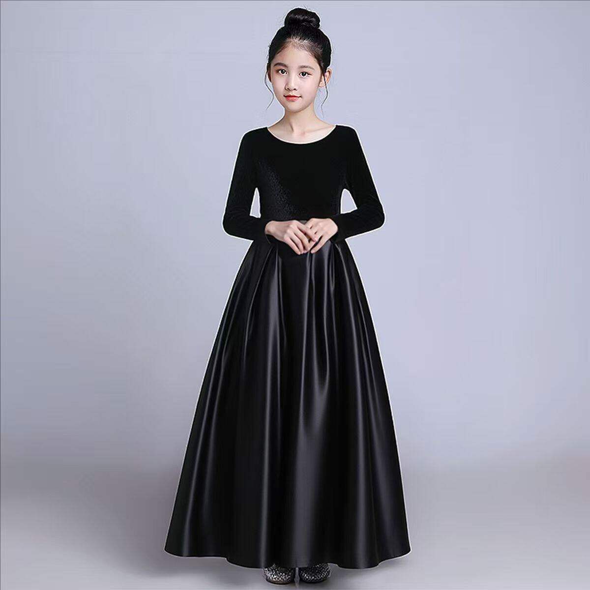 女童黑色长袖丝绒礼服大摆蓬蓬裙钢琴演出服主持人大合唱表演服