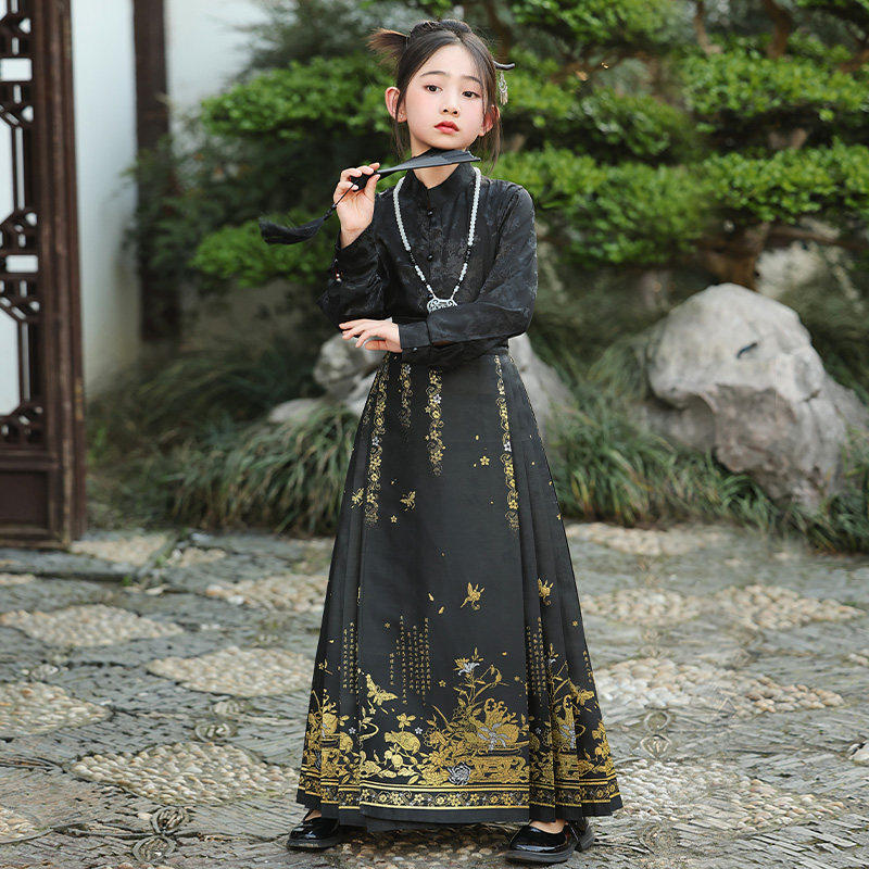 儿童汉服马面裙套装女童新款印花套装古风长款半身裙中国风春秋款