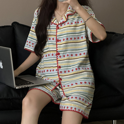 韩系甜美草莓条纹云朵棉睡衣女款夏季2026新款短袖短裤家居服套装