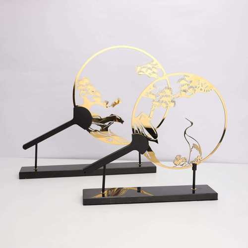 新中式创意大理石金属扇形仙鹤摆件样板房电视柜客厅家居软装饰品