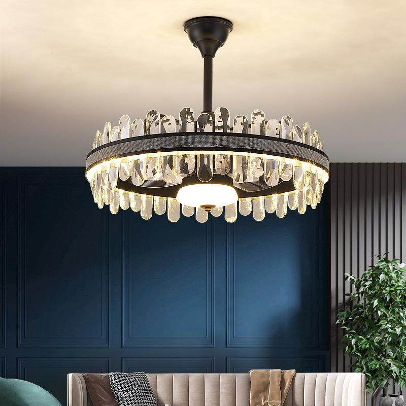 意式极简水晶风扇灯轻奢高级感客厅吊扇灯家用一体吊灯卧室吸顶灯