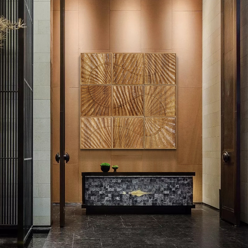 新中式木雕装饰画入户进门走廊过道玄关实物画楼梯墙面立体挂画