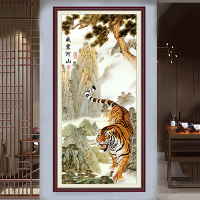 猛虎下山壁画自粘墙贴竖版中式啸山水入户过道玄关装饰画威震山河