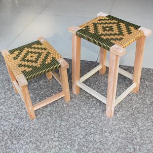 小板凳实木家用餐桌茶几凳榫卯中式 创意实木凳子藤编时尚 手工方凳