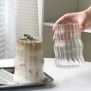 材质曲咖啡杯水杯胖牛奶杯早餐杯杯耐热子 高玻璃杯ins风胖线硼硅