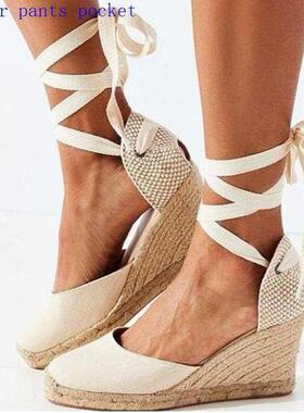 Sandals, female round head, wedges, hemp rope